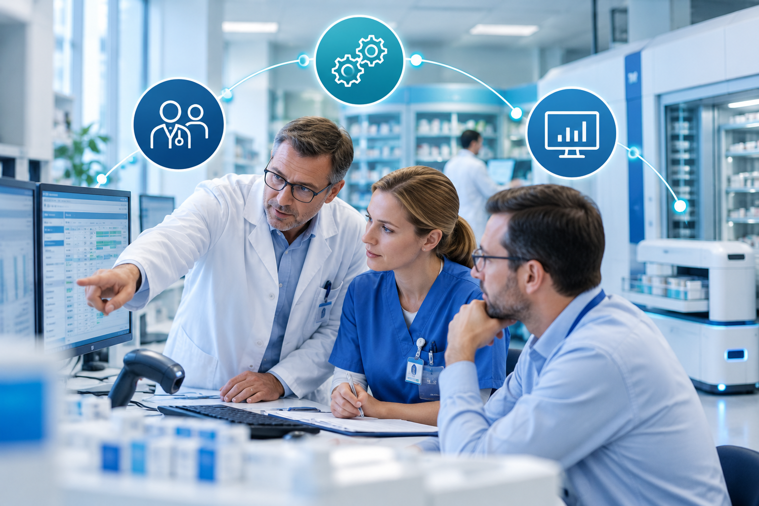 Hospital pharmacist, nurse and IT specialist collaborating on Closed Loop Medication Management (CLMM) in a modern hospital pharmacy, connecting people, processes and technology to improve medication safety and efficiency.