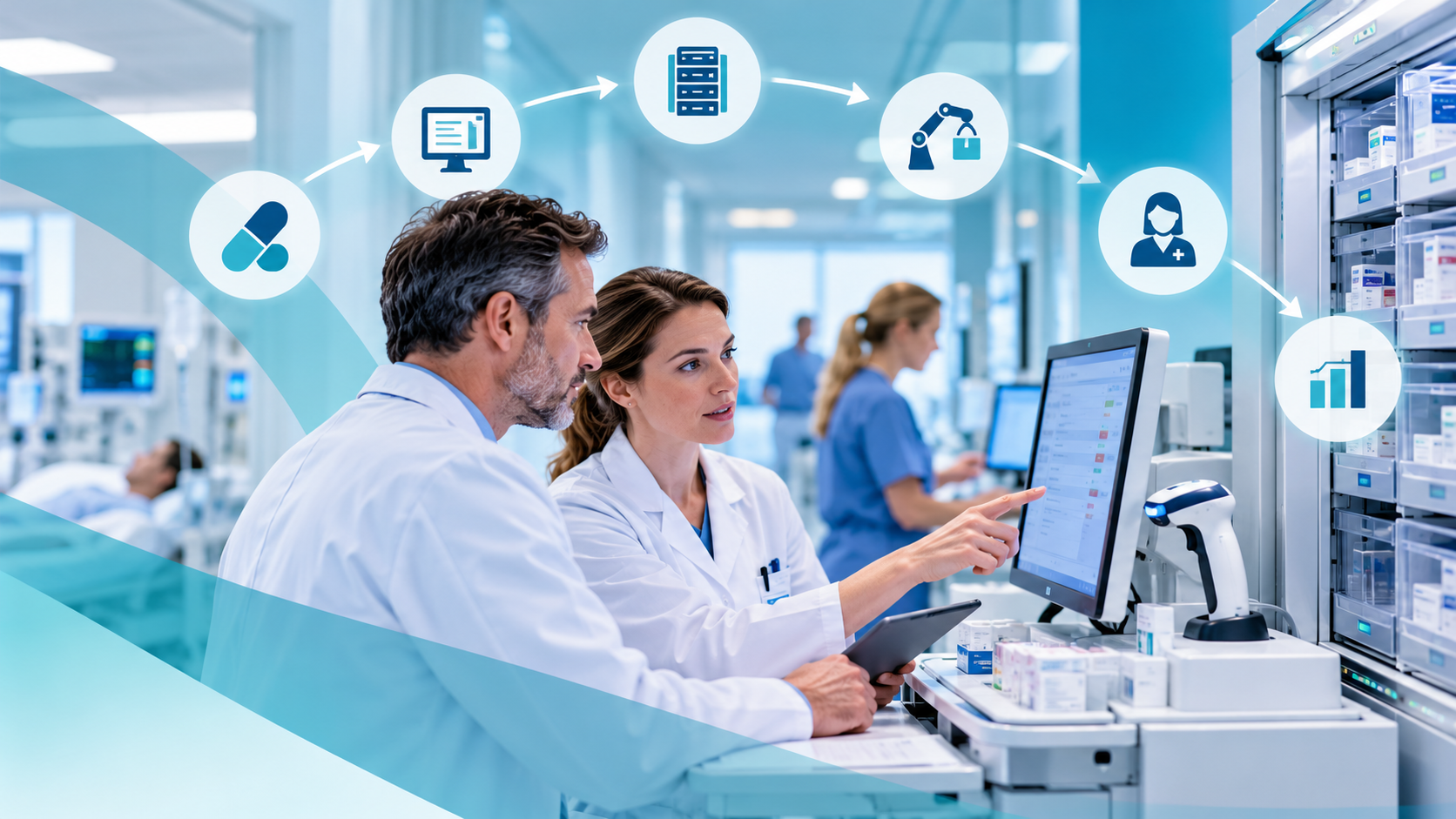 Hospital pharmacy professionals working with digital medication systems and automated dispensing technology, illustrating integrated Closed Loop Medication Management (CLMM) and medication safety.