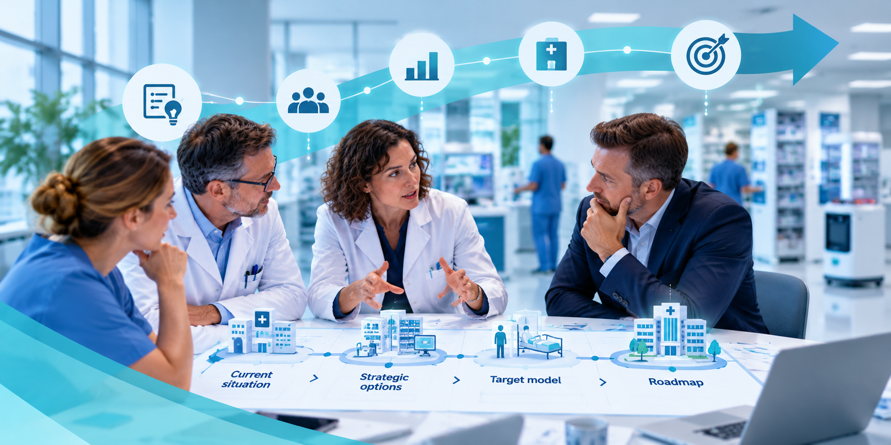 Multidisciplinary hospital team developing a future vision and strategic roadmap for hospital pharmacy and medication management, from current processes to future operating models.