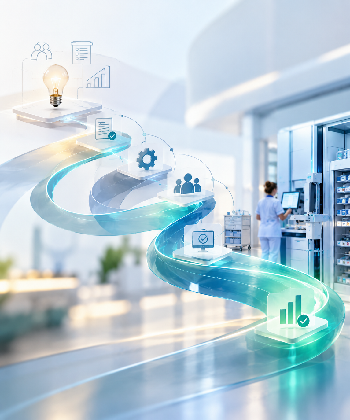 ○ Visual journey from idea to implementation in hospital medication management, illustrating strategy, planning, technology, collaboration and measurable results.