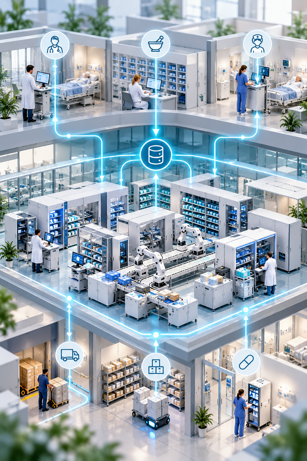 Isometric illustration of an automated hospital pharmacy integrated into a multi-storey hospital, featuring robotic medication storage, Unit Dose dispensing, automated packaging, conveyors, autonomous transport robots and ward-based dispensing cabinets. Connected systems support medication distribution from the central pharmacy to nursing wards and patients.