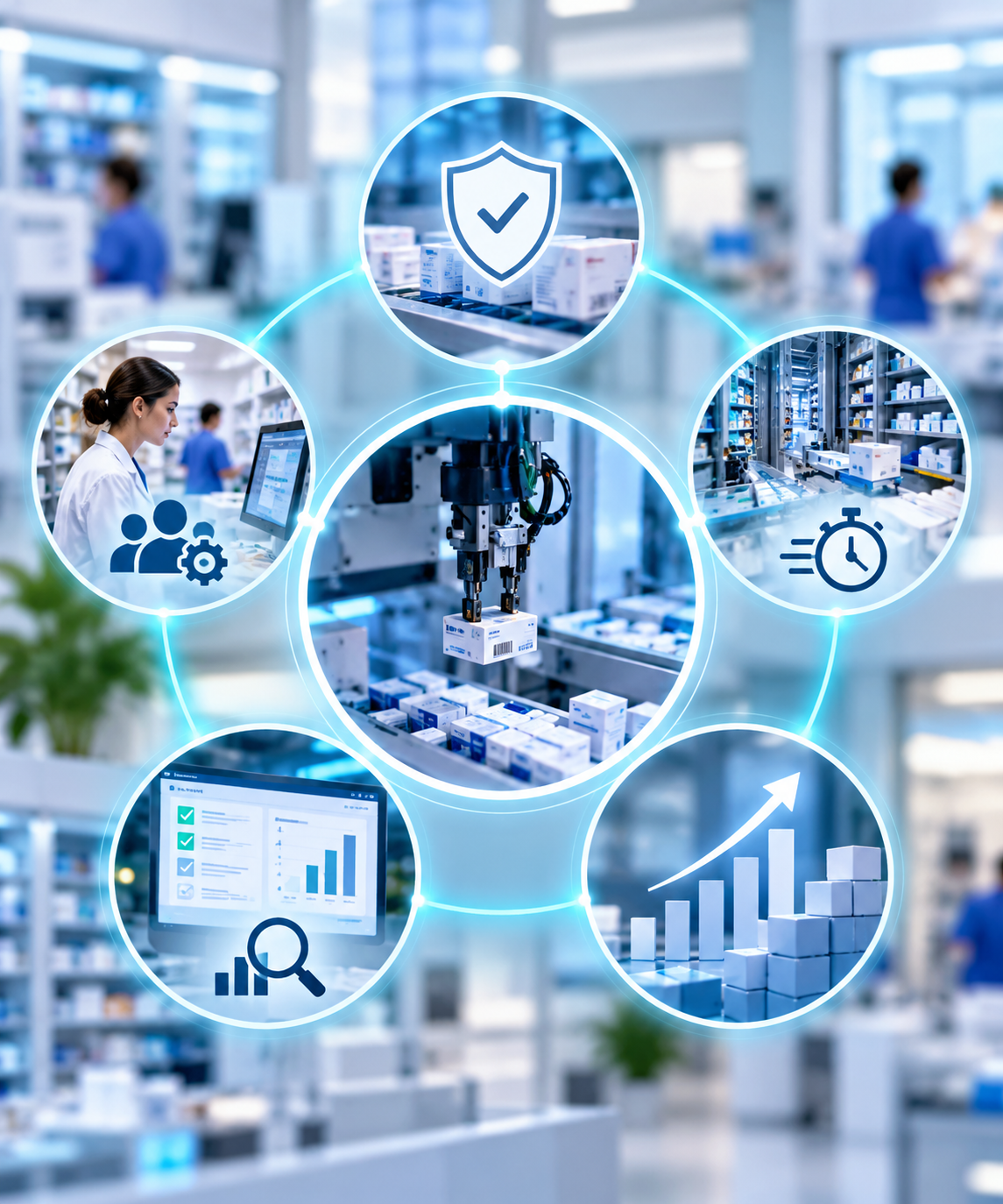 Visualisation of five key benefits of hospital pharmacy automation: improved medication safety, greater workforce efficiency, more efficient medication logistics, enhanced quality and traceability, and increased scalability. A robotic medication dispensing system forms the centre, surrounded by five interconnected illustrations representing these benefits.