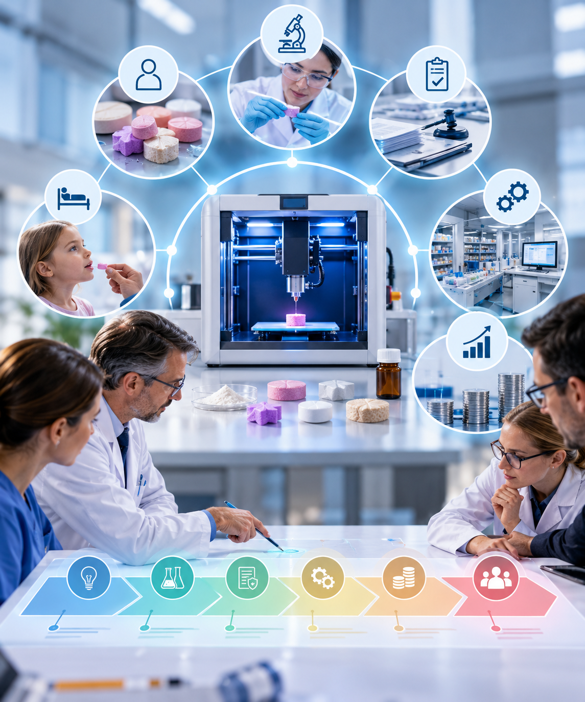Visualisation of a multidisciplinary hospital pharmacy project exploring the implementation of pharmaceutical 3D printing. Healthcare professionals assess patient needs, personalised dosage forms, pharmaceutical quality, regulatory requirements, workflow integration and economic viability to translate innovative technology into practical clinical value.