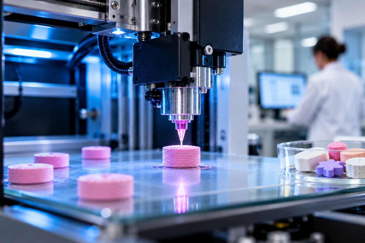 Pharmaceutical 3D printing of personalised medicines, showing a precision printer producing a layered tablet alongside different dosage forms designed to meet individual patient needs.