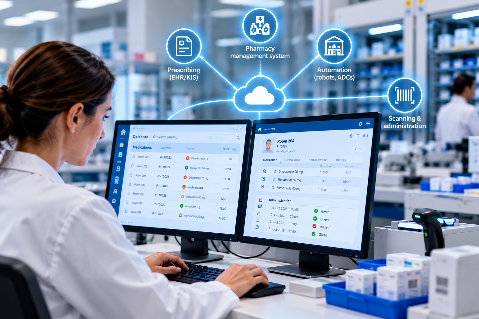 Digital medication management in a hospital pharmacy, illustrating interoperability between electronic prescribing, pharmacy information systems, automated dispensing technology and bedside medication administration.