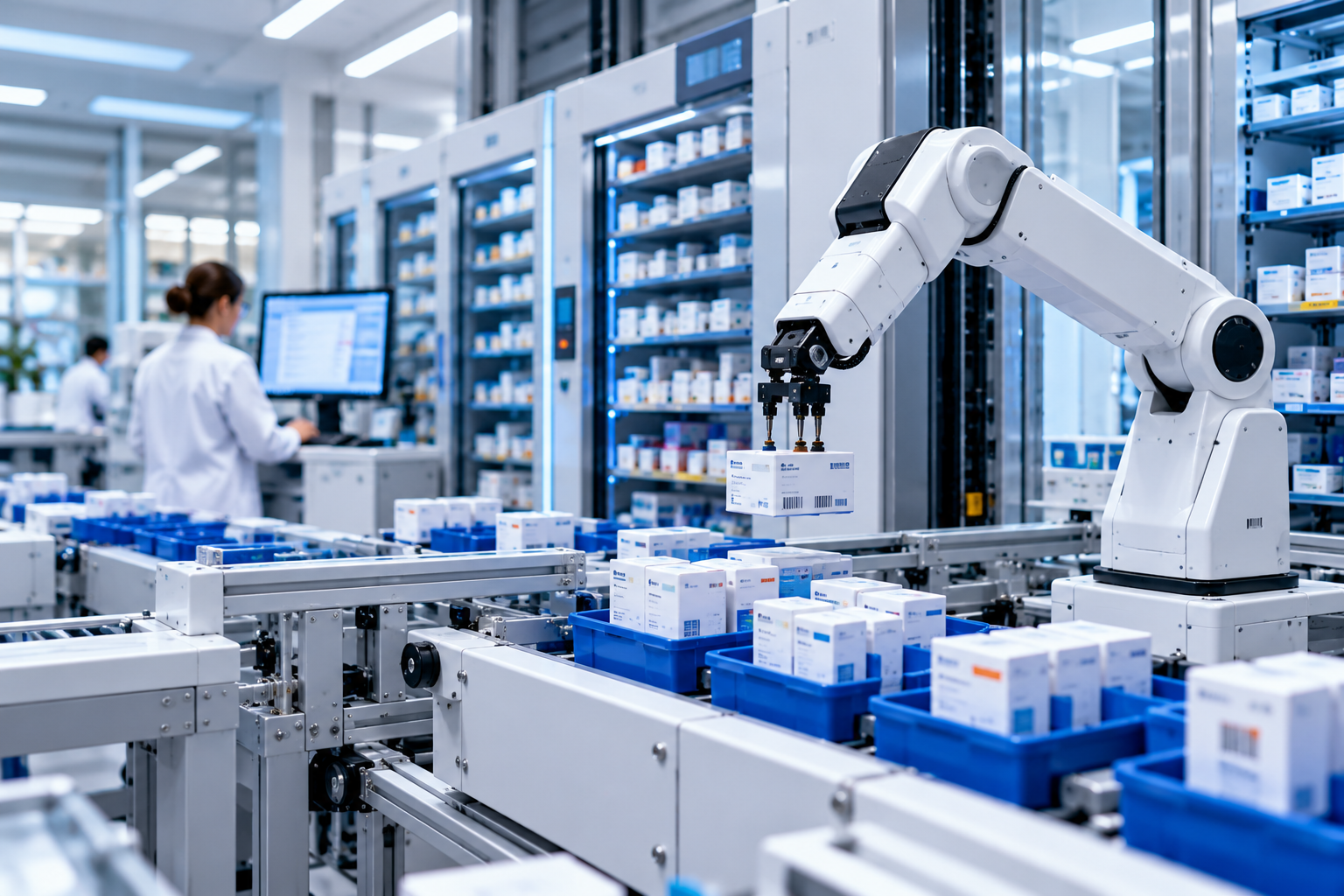 Hospital pharmacy automation with a robotic arm handling medication packages, connected to automated storage and conveyor systems, while a pharmacy professional supervises operations.