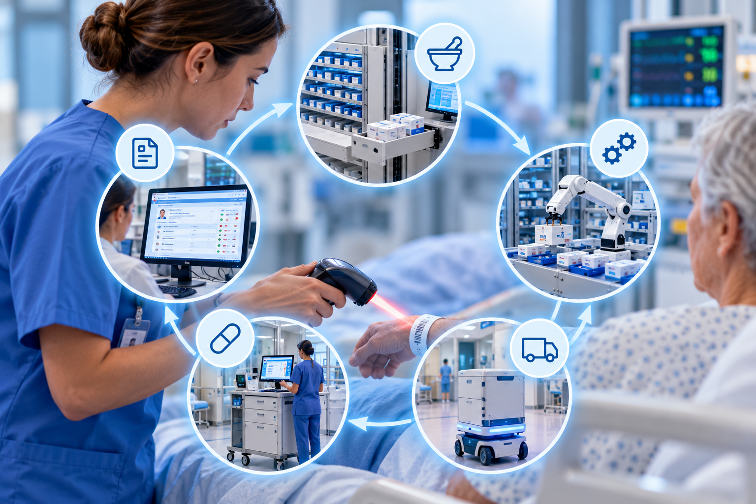 Closed Loop Medication Management in a hospital: a nurse scans a patient’s wristband, surrounded by connected medication prescribing, pharmacy automation, dispensing, transport and administration processes.
