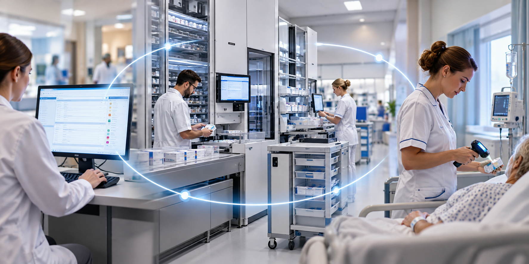 Closed Loop Medication Management in a modern hospital, connecting electronic prescribing, pharmacy automation, medication dispensing and bedside barcode scanning through an integrated digital medication process.